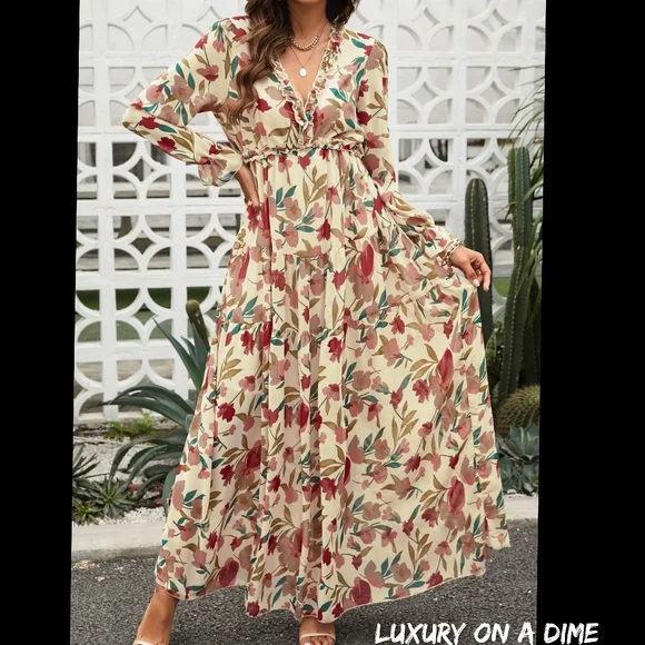 Retro Mix Floral Long Sleeve Ruffle Tiered Flowing V-neck Long Maxi Dress - Picture 1 of 10